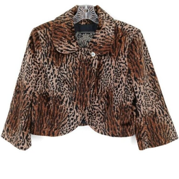 GUESS L Cropped Fur Lined Blazer Jacket Flared 3/4 Sleeve Y2K Retro Animal Print - Picture 2 of 15